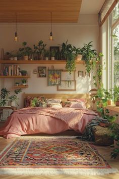 a bedroom with lots of plants on the shelves above the bed, and a rug in front of it