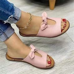 Category:Sandals; Upper Materials:Faux Leather; Embellishment:Bowknot; Season:Summer; Heel Type:Flat Heel; Gender:Women's; Toe Shape:Open Toe; Style:Sweet,Casual; Heel Height(inch):1-2; Outsole Materials:Rubber; Occasion:Beach,Daily; Closure Type:Loafer; Pattern:Solid Colored; Production mode:Self-produce; Foot Length:; Foot Width:; Size chart date source:Provided by Supplier. Ladies Slides, Walking Women, Women Slippers Fashion, Women Casual Flats, Orthopedic Sandals, Soft Sandals, Afrikaanse Mode, Basic Heels, Bow Sandals