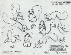 the original animation character sheet for walt's animated film, ratty and friends