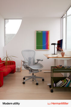 an office with a chair, desk and bookshelf