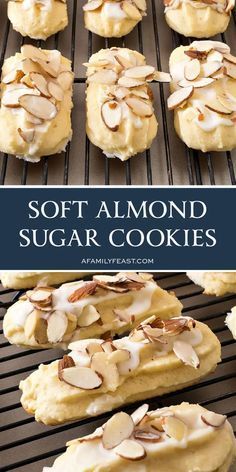 soft almond sugar cookies on a cooling rack with text overlay that reads soft almond sugar cookies