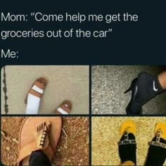 four different pictures with the words mom come help me get the groceries out of the car