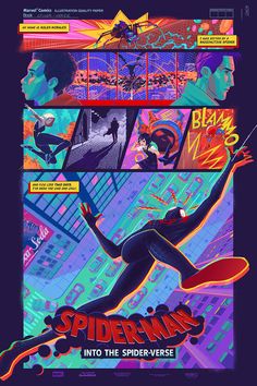 an advertisement for spider - man into the spiderverse is shown in this graphic style