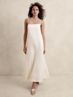 Silk-Linen Maxi Dress | Banana Republic Linen Gown, Linen Wedding Dress, Ss 2024, Casual Couture, Bridal Events, What Is Fashion, White Slip Dress, Long Linen Dress, Bridal Event