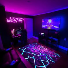 the room is lit up with neon lights and has a large rug on the floor