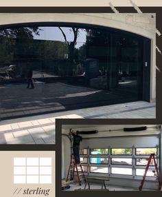 an image of a man on a ladder in front of a garage door with windows