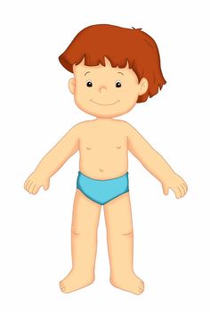 a little boy with red hair wearing a blue diaper and standing in front of a white background