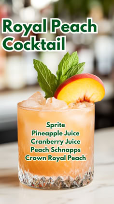 Royal Peach Cocktail Royal Peach Cocktail, Crown Royal Peach Cranberry Juice, Peach Flavored Alcoholic Drinks, Peach On The Beach Drink, Best Fruity Cocktails, Sweet Fruity Cocktails, Cocktails Fruity, Iced Cocktails, Party Cocktail Ideas