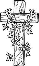 a cross with ivys growing on it and leaves around the cross, as well as an arrow