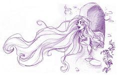 a pencil drawing of a girl with long hair and flowing hair in front of a stone wall