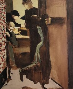 a painting of two people standing in front of a door and another person sitting down