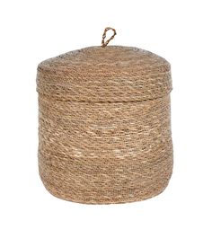 the large round basket is made from jute and has a rope handle on top