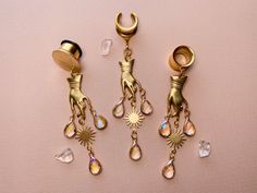 Gold 'Ethereal Touch' Dangles | The Frilly Feline 0g Gauges, Earrings Gauges, Dangle Plugs, Gauge Earrings, Gauged Earrings, Drop Dangle Earrings, Faceted Glass, Black Magic, Making Jewelry