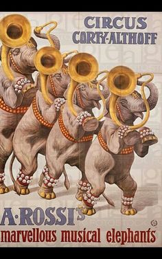 an advertisement for the circus circus, featuring four elephants with brass horns