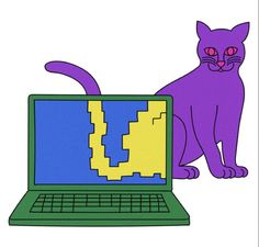 a purple cat sitting on top of a green laptop computer next to it's keyboard