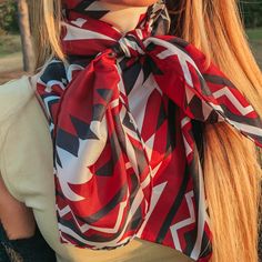 Our beautiful new line of wild rags are so fun and great for the upcoming seasons! Tie this in your hair, around your neck, or around your purse and you're set! Scarf is 100% Silk. Size: Regular Wild rag measures 34.5 x 34.5 inches. SKU: #1104-2022 Wild Rags, Giddy Up Glamour, Wild Rag, Scarf Tying, New Line, Red And Black, Plaid Scarf, Silk Scarf, Barrel