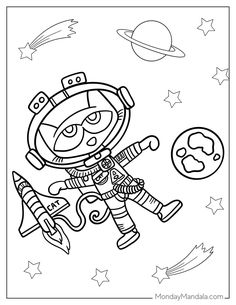 an astronaut is flying through the space with his rocket and planets in the background coloring page