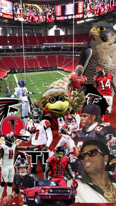 a collage of sports images including an eagle, football players, and mascots