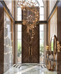 an elegant entry way with chandelier and mirror in the center, surrounded by marble flooring