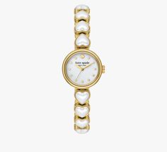 Pearl bracelet or timepiece? Our Monroe watch is both. | Kate Spade Monroe Heart Pearl Bracelet Watch, White Heart Pearl Bracelet, Faux Pearl Bracelet, Kate Spade Bag, Kate Spade New York, Pearl Bracelet, Stainless Steel Case, Accessories Watches, Time Piece, Faux Pearl