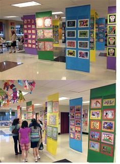 two pictures of the inside of a school with children looking at artwork on the walls