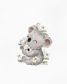 a watercolor painting of a koala and her baby in the grass with daisies