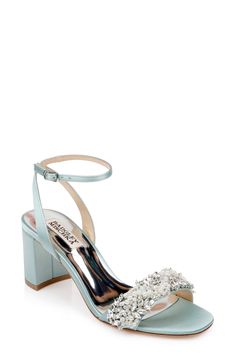 a women's blue high heeled sandal with jewel embellishment