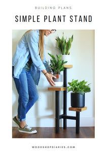 a woman standing next to a plant on top of a wooden table with the words make a diy tiered plant stand from scrap wood