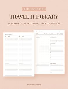 the printable travel itinerary is displayed on a pink background with text that reads,