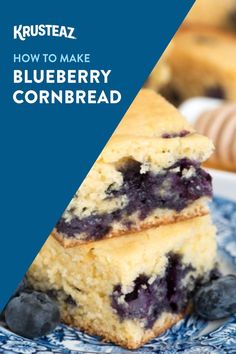 two blueberry cornbreads stacked on top of each other with the words kuusteaz how to make blueberry cornbread