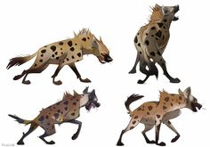 four different types of hyenas running in the same direction, each with spots on their body