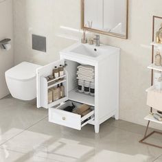 a bathroom with a sink, mirror and toilet in it's corner cabinet is open