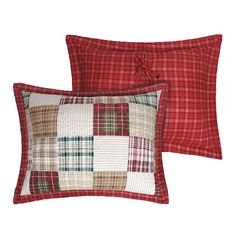 two red pillows with plaid designs on them