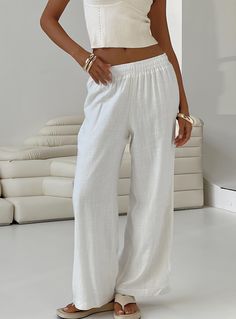 Pants High waisted fit Adjustable elasticated waistband Relaxed fit Twin back pockets Lightweight Fully lined Linen blend Linen Pants Outfit, Womens Loungewear Sets, White Linen Pants, Linen Blend Pants, Flowy Pants, Swaggy Outfits, Type Of Pants, Casual Tank Tops, White Pants