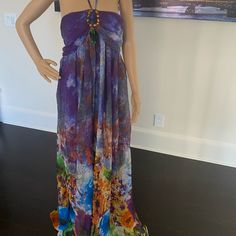 Multi Colored Maxi Summer Dress, Size L, New With Tag Purple Lined Beach Dress, Purple Flowy Dress For Beach Season, Purple Sleeveless Dress For Beach Cover-up, Multicolor Sleeveless Maxi Dress For Holiday, Fitted Multicolor Maxi Dress For Beach, Fitted Multicolor Maxi Dress For Beach Cover-up, Bohemian Halter Neck Dress For Holiday, Bohemian Halter Neck Holiday Dress, Multicolor Maxi Dress For Spring Holiday