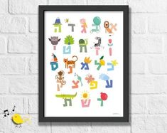 an art print with letters and animals on it