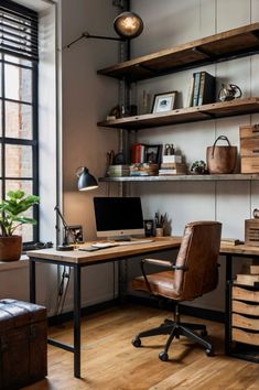 a home office with wooden shelves, leather chair and computer desk in front of a large window