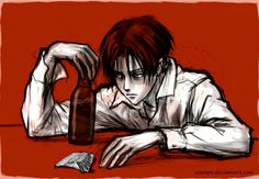 a drawing of a man sitting at a table with a beer bottle in his hand