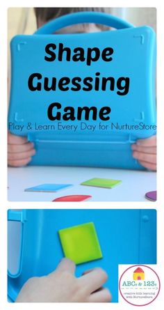 a blue box with the words shape guess game on it and a child's hand holding