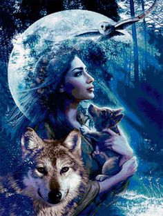 a woman holding a cat in front of a full moon with two wolfs on her shoulder