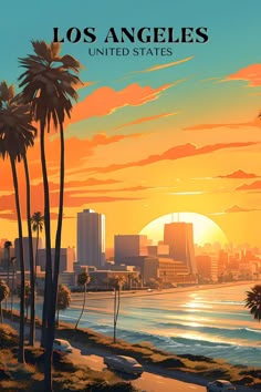 a painting of the los angeles skyline with palm trees and buildings in the background at sunset