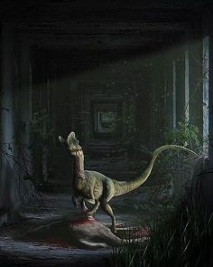 a dinosaur that is standing in the dark