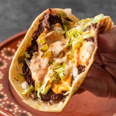 a hand holding a taco filled with meat and veggies on top of a plate