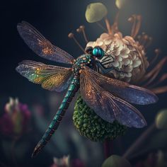 a blue dragonfly sitting on top of a flower