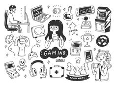 a black and white drawing of gaming related items