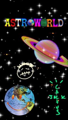 an astro world poster with the planets and stars in the background, as well as words