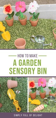 how to make a garden sensory bin with flowers and gardening utensils in it