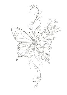 a drawing of a butterfly with flowers on it's back end and wings spread out