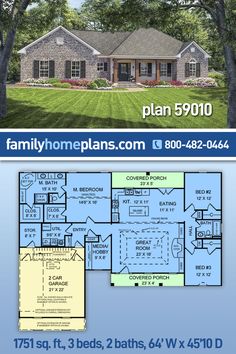 the floor plan for this ranch home is shown in blue and white, with an attached garage