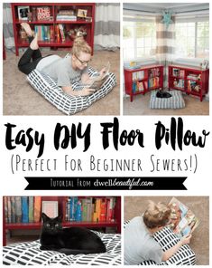 a collage of photos with the words easy diy floor pillows perfect for beginners selves